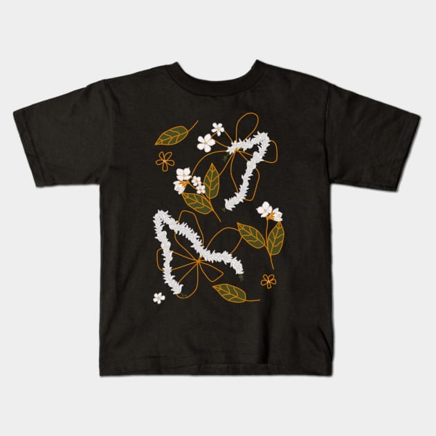 Jasmine Flower Hair Garland Gajra Pattern On Black Background Kids T-Shirt by panco